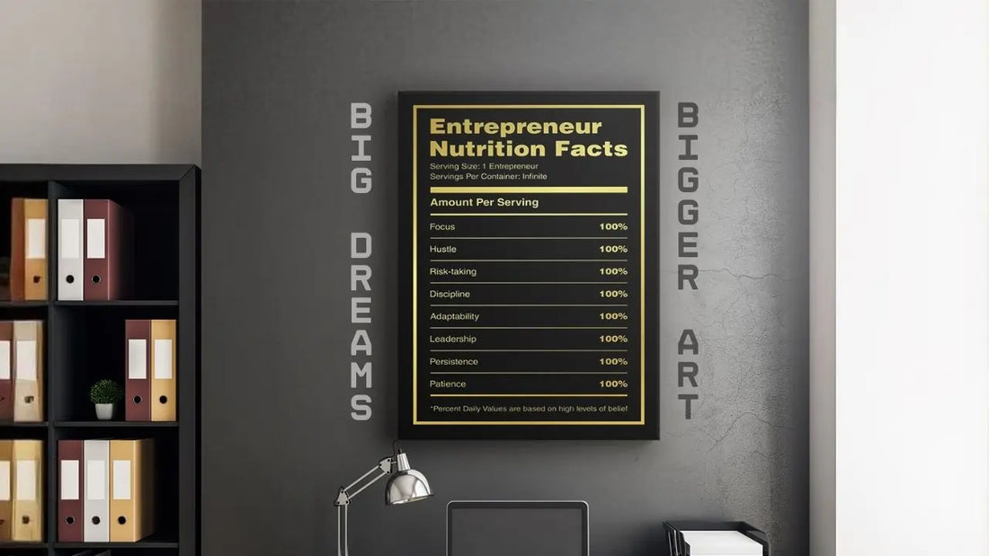 An image of a big vertical wall art with the words big dreams and bigger art on both side