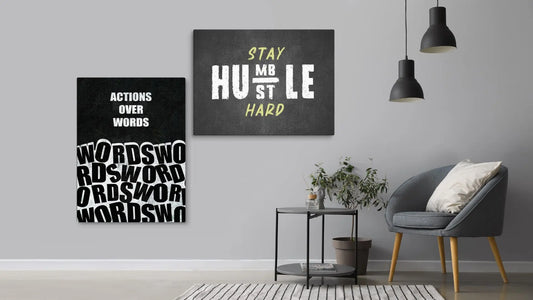 A moden minimalist room with two motivational wall art pieces on the walls