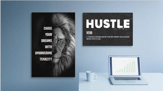 A vibrant blue wall with two different wall art for guys
