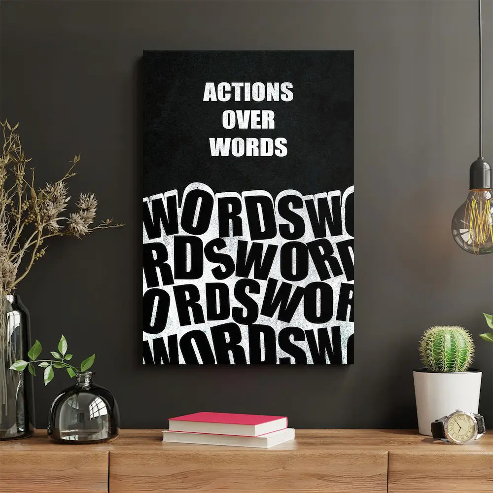 Action Over Words Canvas Wall Art over the wooden desk