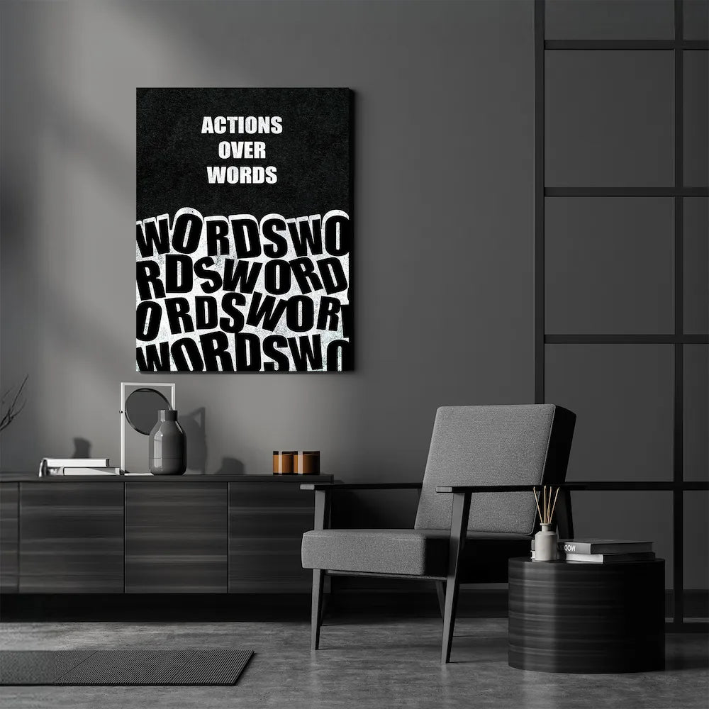 Action Over Words Canvas Wall Art over the Brown Desk