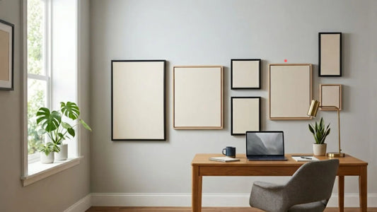 A home office with blank wall art canvases