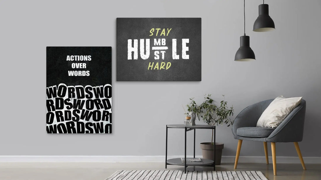 A moden minimalist room with two motivational wall art pieces on the walls