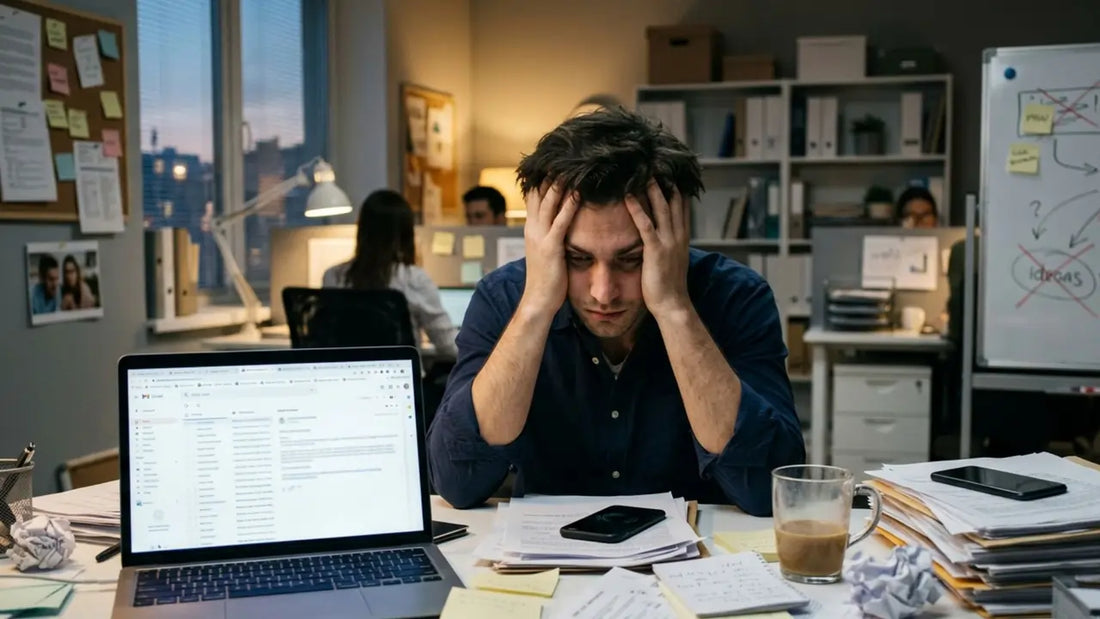 a person sitting at a cluttered table burdened by procrastination