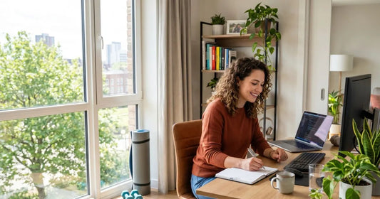 a person working from home sitting at a table in front of a screen