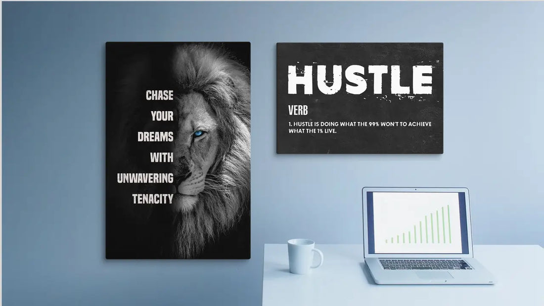 A vibrant blue wall with two different wall art for guys