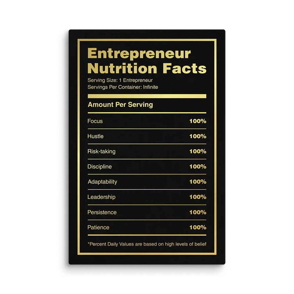 Entrepreneur Nutrition Facts Canvas Wall Art in gold writing and black background.