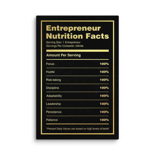 Entrepreneur Nutrition Facts Canvas Wall Art in gold writing and black background.